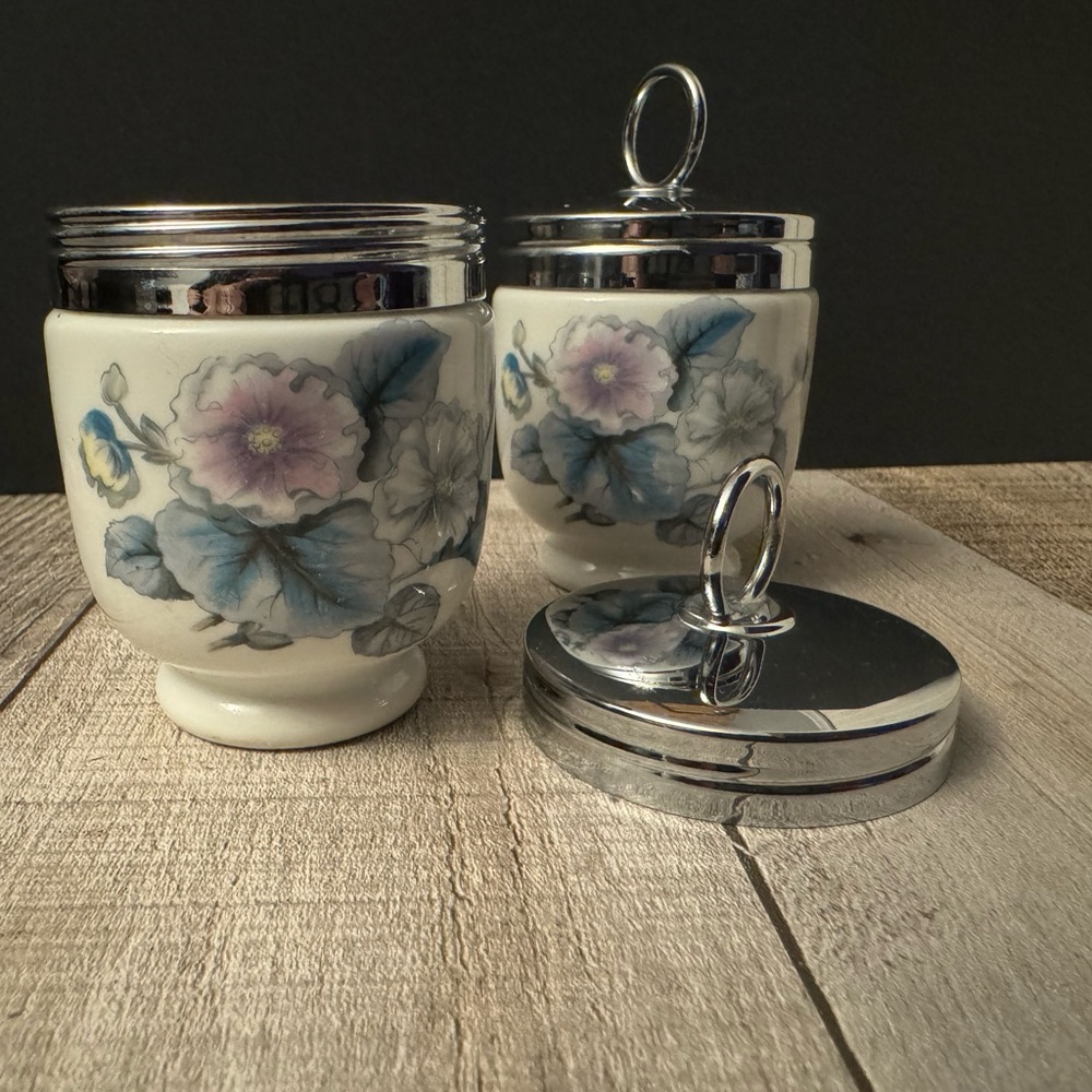 Royal Worcester Egg Coddlers Set of 2 Woodland Pattern Porcelain Chrome Lid